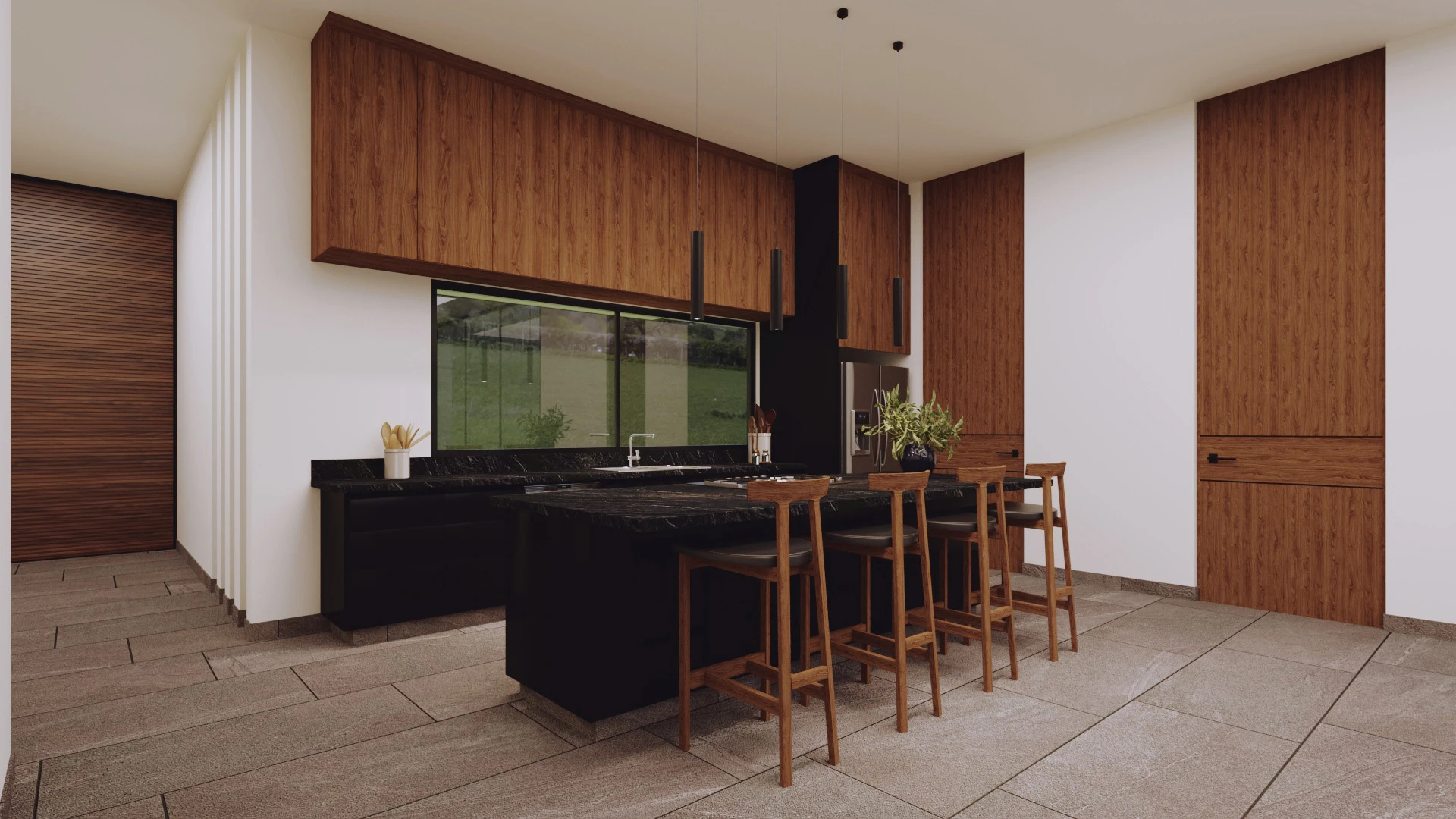 Visualización de cocina con isla de piedra oscura y mobiliario de madera